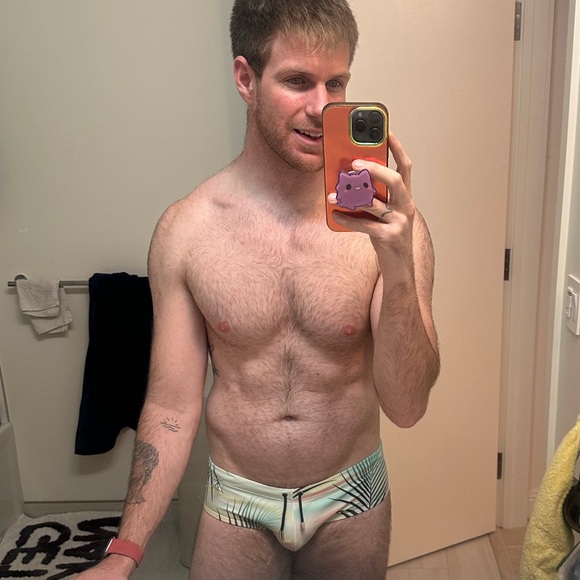 along Other - Men's Palm-Print Swim Trunks - Light Green